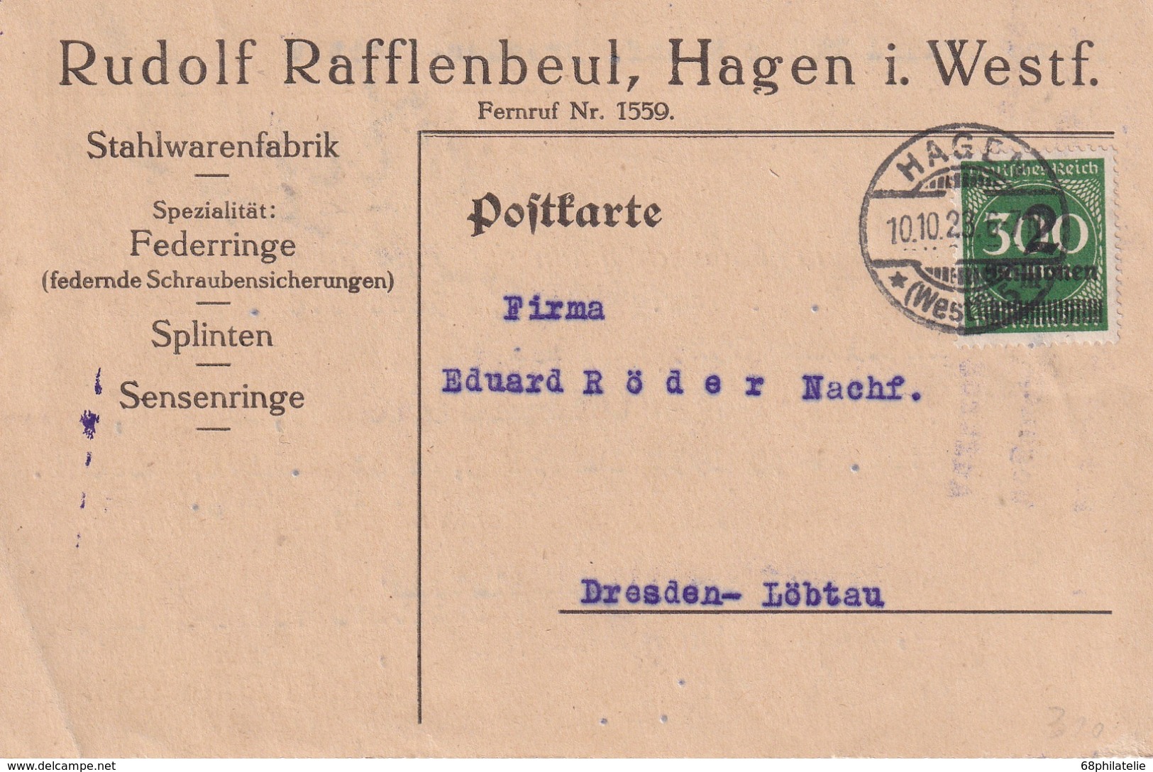 ALLEMAGNE  1923 CARTE INFLA DE HAGEN - Other & Unclassified