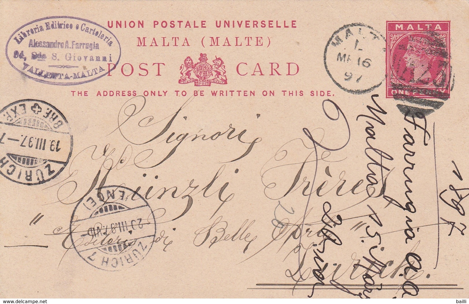 Malte Entier Postal Pour La Suisse 1897 - Malta