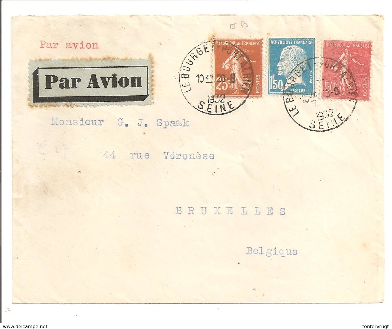 1932 Par Avion Le Bourget 20.8.32 Vers Bruxelles. Pasteur + Semeuse. LSE F1.50 Courier Arienne Europ F0,75. TB TRICOLORE - 1921-1960: Periodo Moderno