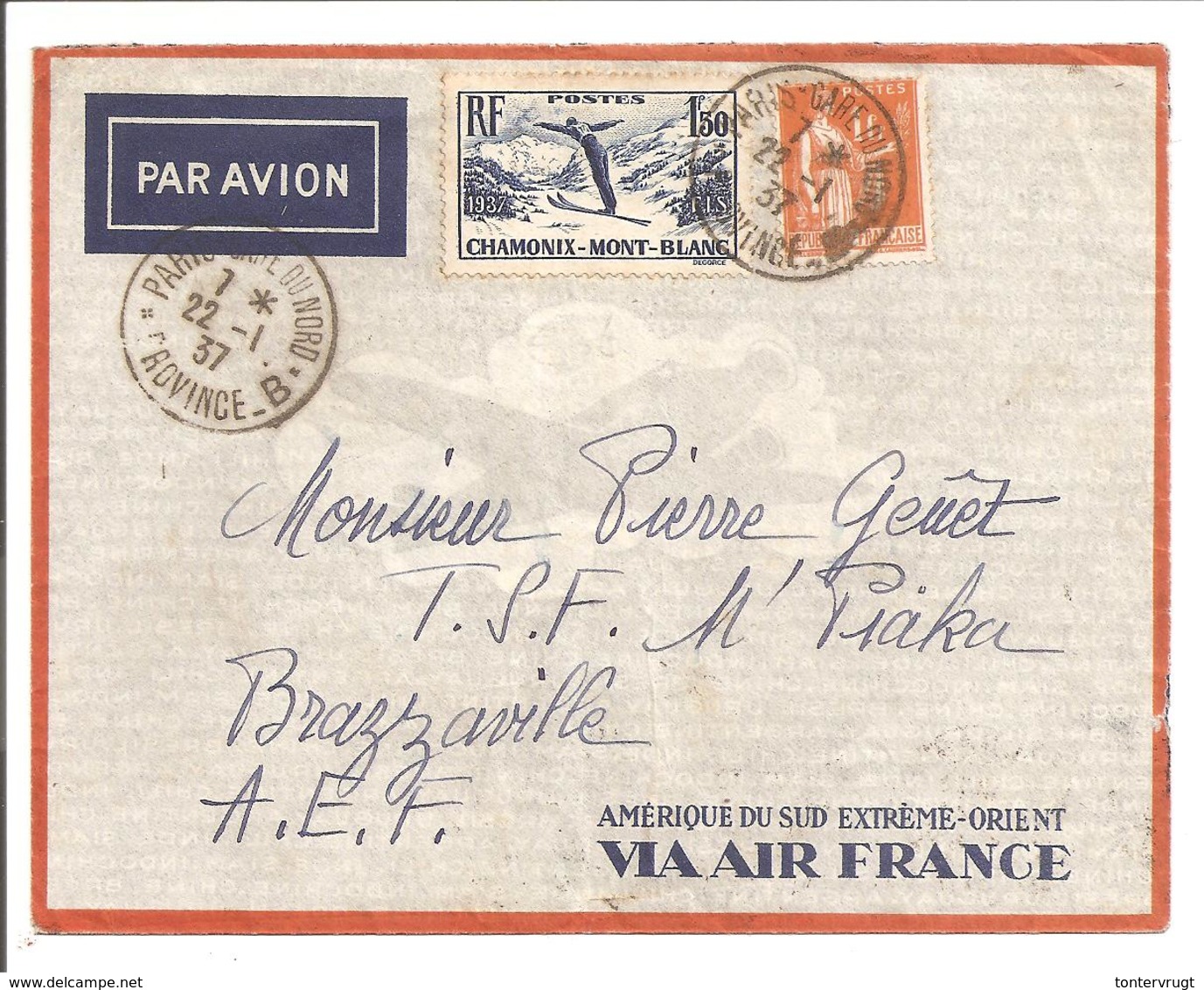 1934 Par Avion Paris 22.1.37 Vers Leopoldville-Brazzaville. Air France TP Paix F1.00 + FIS F1,50 - 1921-1960: Moderne