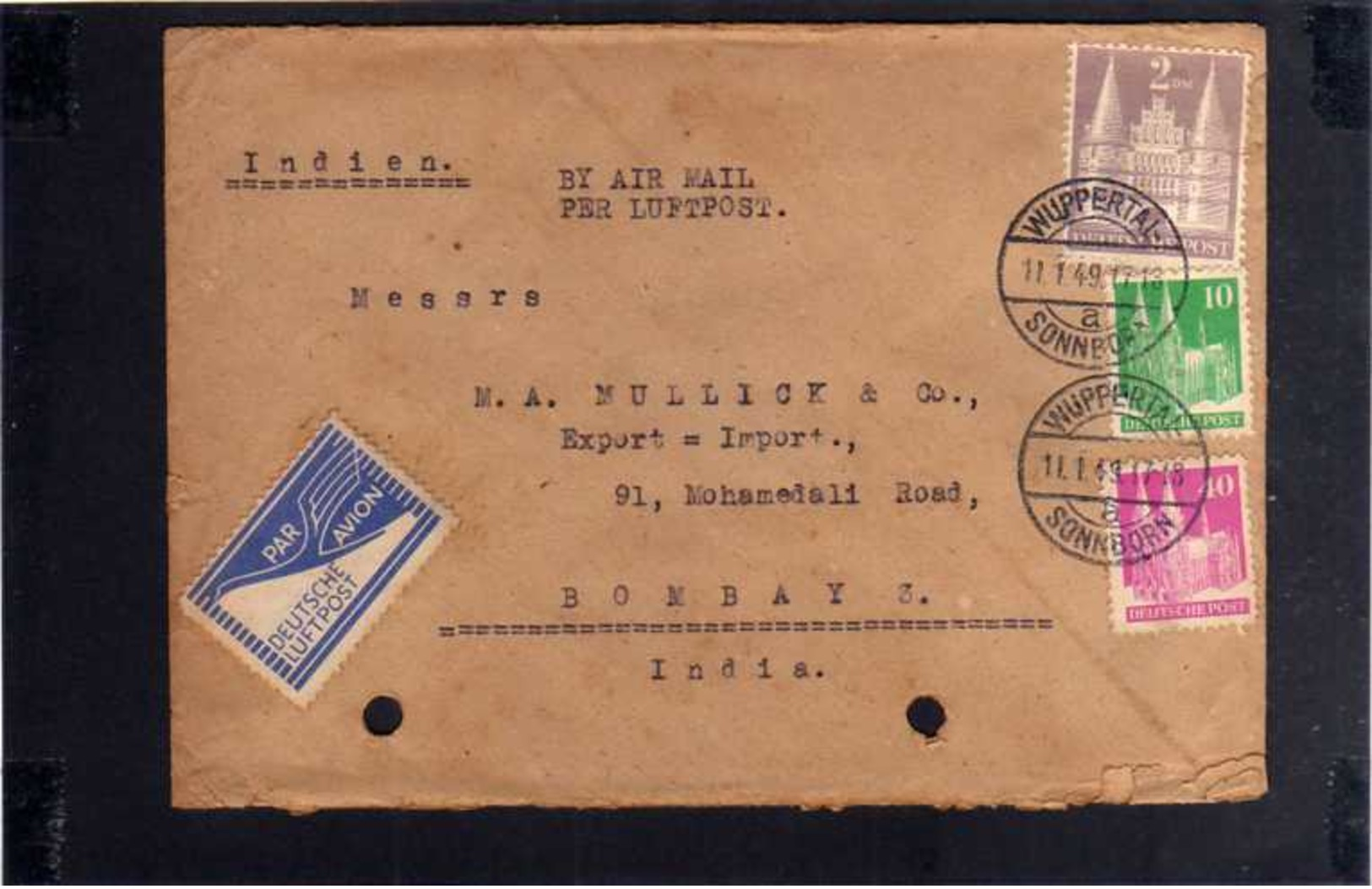 GERMANY 1949 AIR MAIL TO INDIA COVER WITH PUNCH HOLE 13811 WUPPERTAL TO BOMBAY - Otros & Sin Clasificación