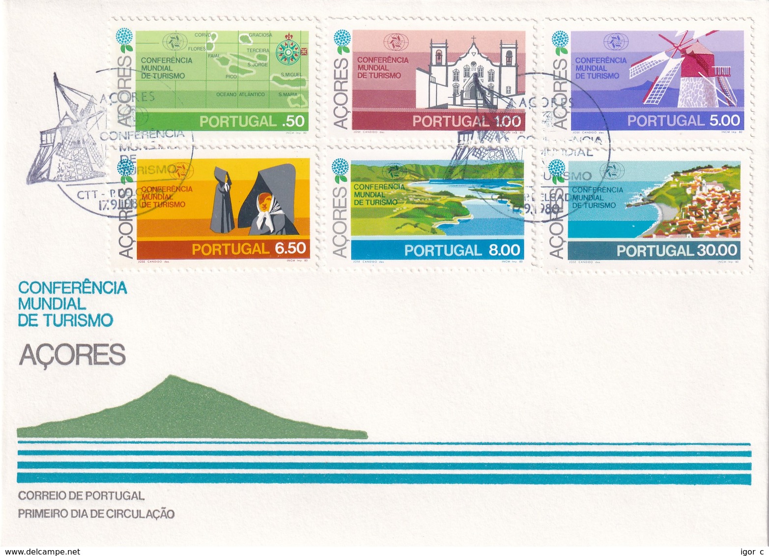 Portugal Azores FDC 1980 Cover: Tourism; Map Of Azores Islands; Wind Mill; Traditional Cosumes; Church; Kirche - Afrique Portugaise