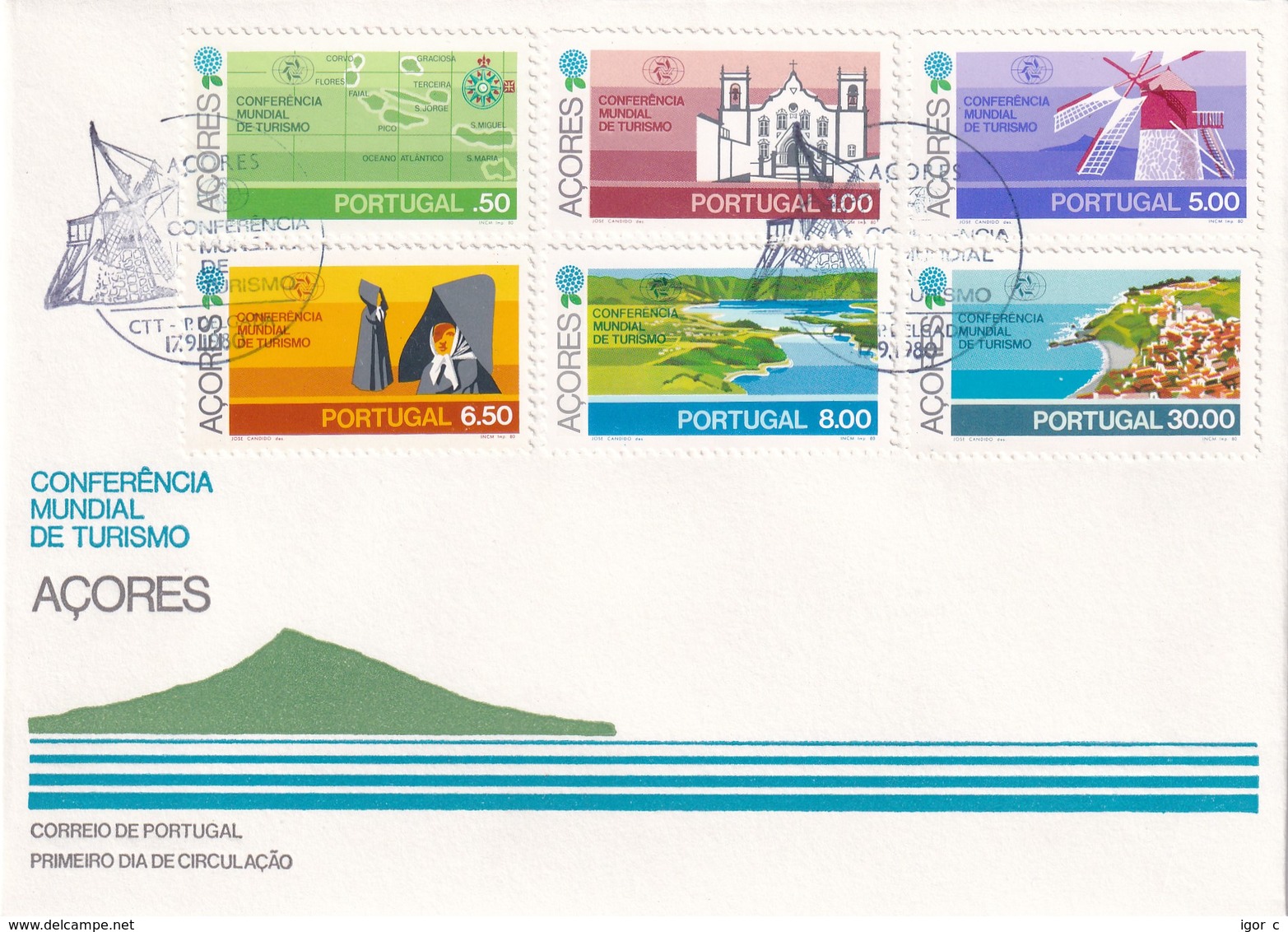 Portugal Azores FDC 1980 Cover: Tourism; Map Of Azores Islands; Wind Mill; Traditional Cosumes; Church; Kirche - Portuguese Africa