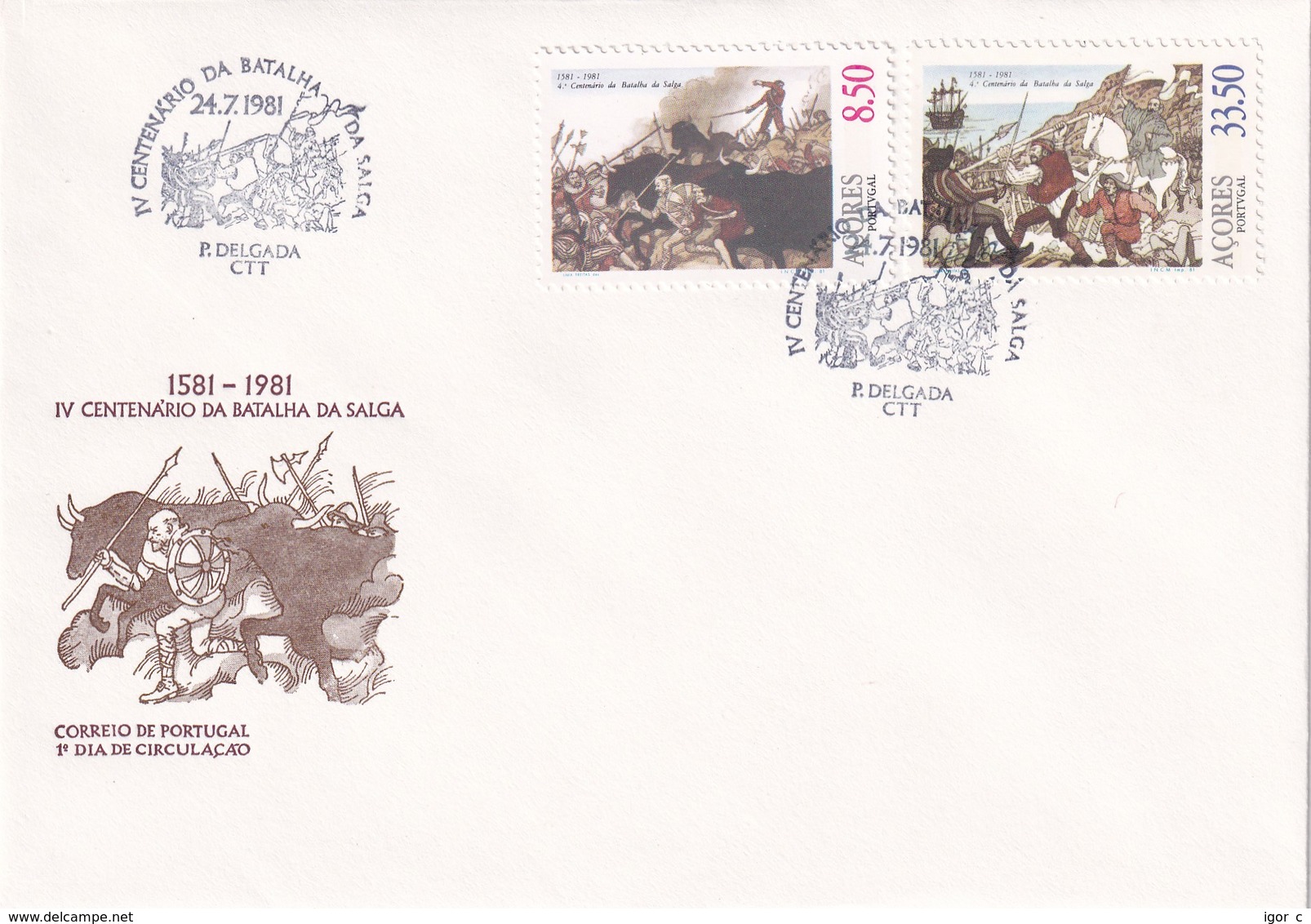 Portugal Azores FDC 1981 Cover: History; Battle Of Salga; 400 Years; Animals Bull; Sailing Ship - Africa Portuguesa