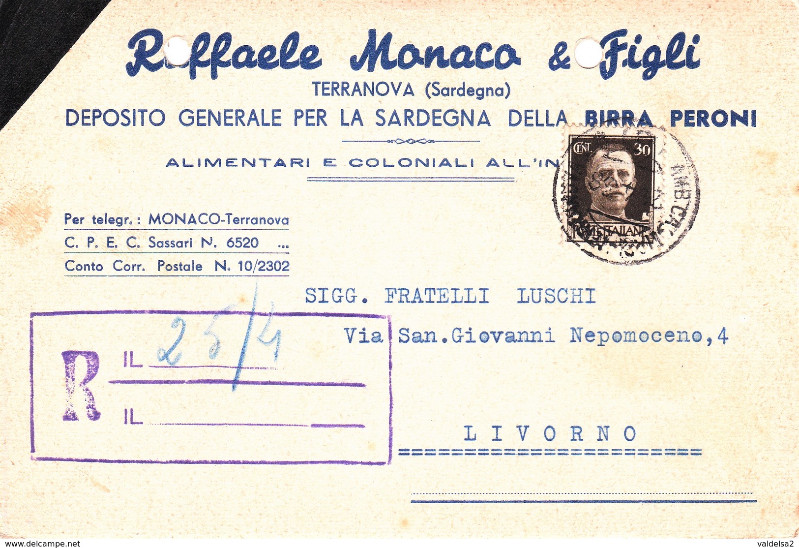 TERRANOVA PAUSANIA - SASSARI / OLBIA - CARTOLINA COMMERCIALE PUBBLICITARIA RAFFAELE MONACO DEPOSITO BIRRA PERONI - 1938 - Sassari