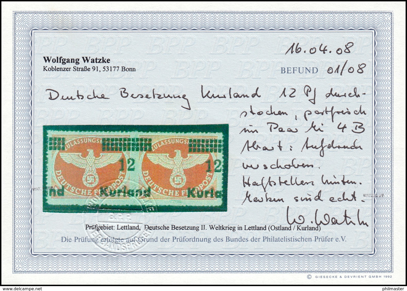 Kurland 4By Feldpostpäckchen-Marke: Paar Mit Verschobenem Aufdruck * BPP-Befund - Besetzungen 1938-45