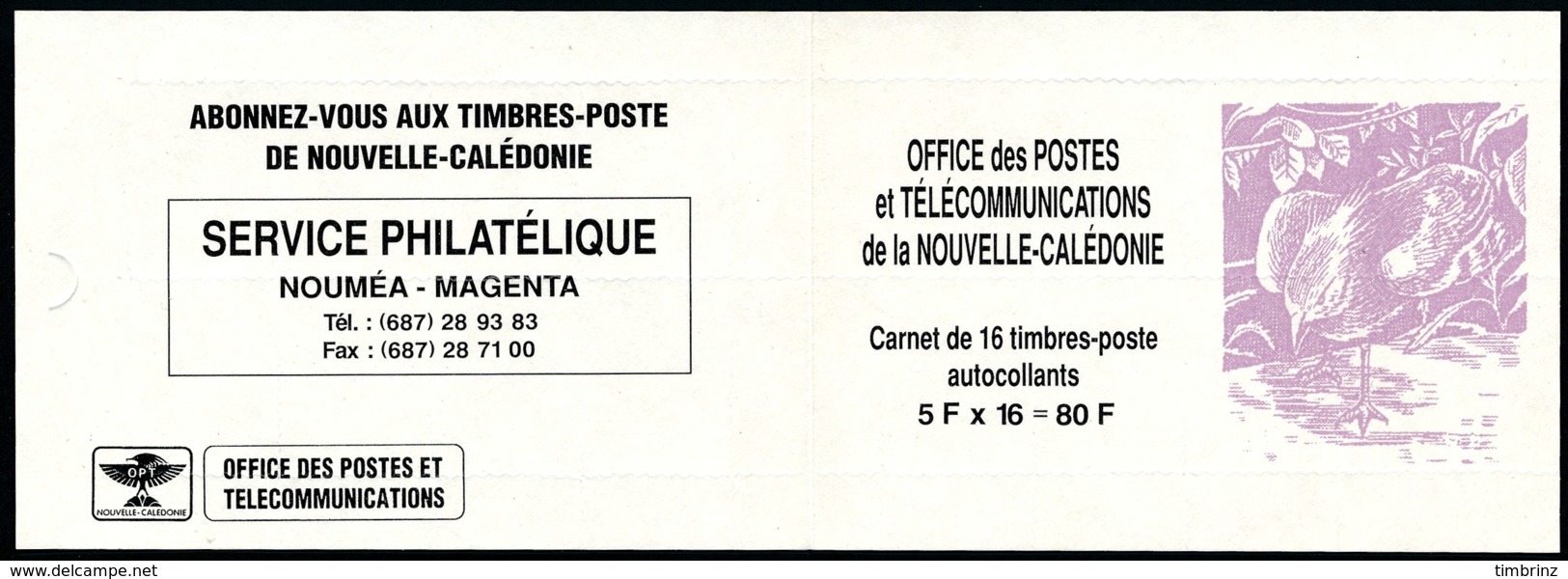 NOUV.-CALEDONIE 1994 - Yv. Carnet C655 **   Cote= 25,00 EUR - 16 Ex Yv.655 Adhésifs - Cagou - Non Plié  ..Réf.NCE25352 - Booklets