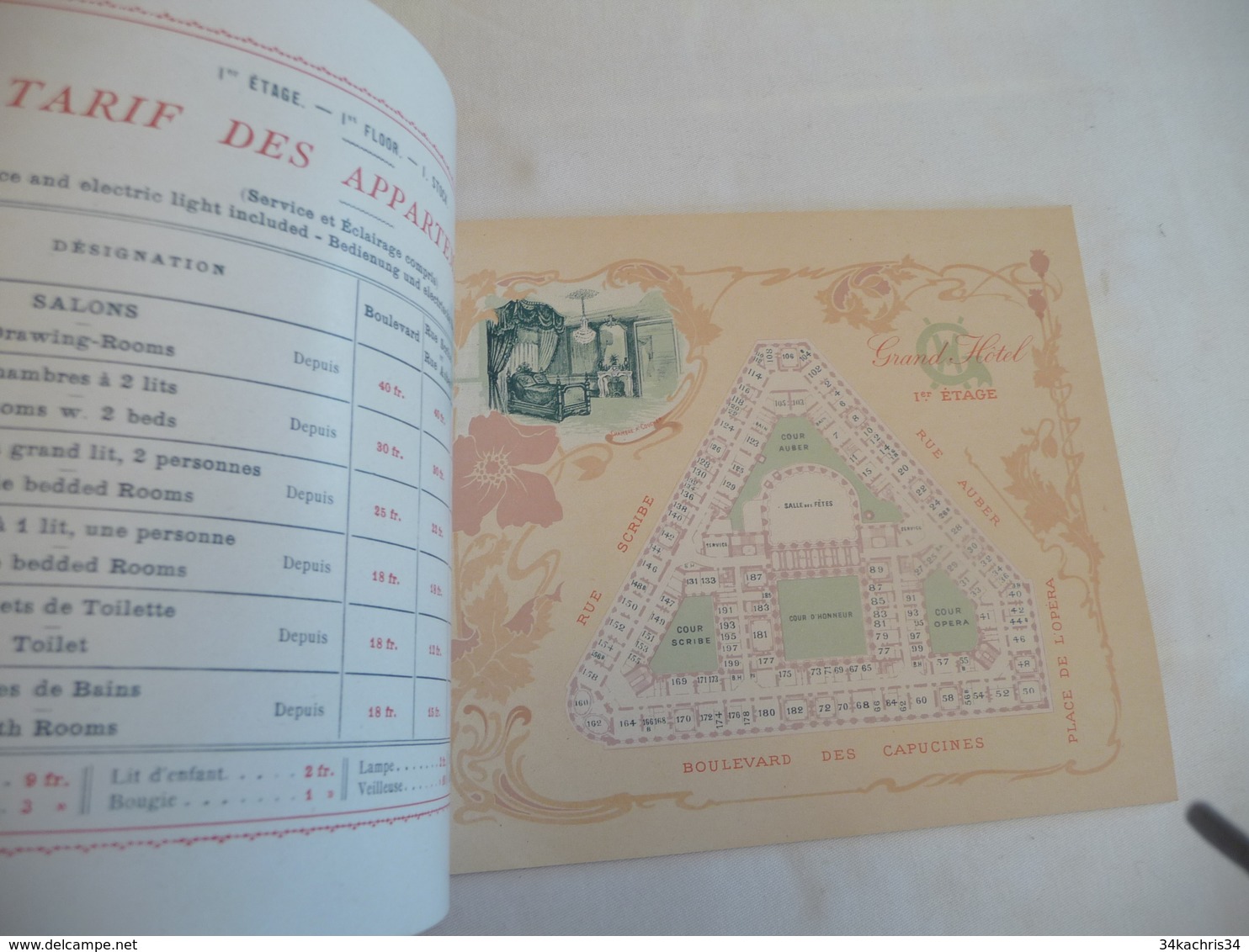 Pub Publicité Guide Plan Tarif Arts Nouveaux Style Mucha Grand Hôtel Paris 1901 Superbe - Publicités