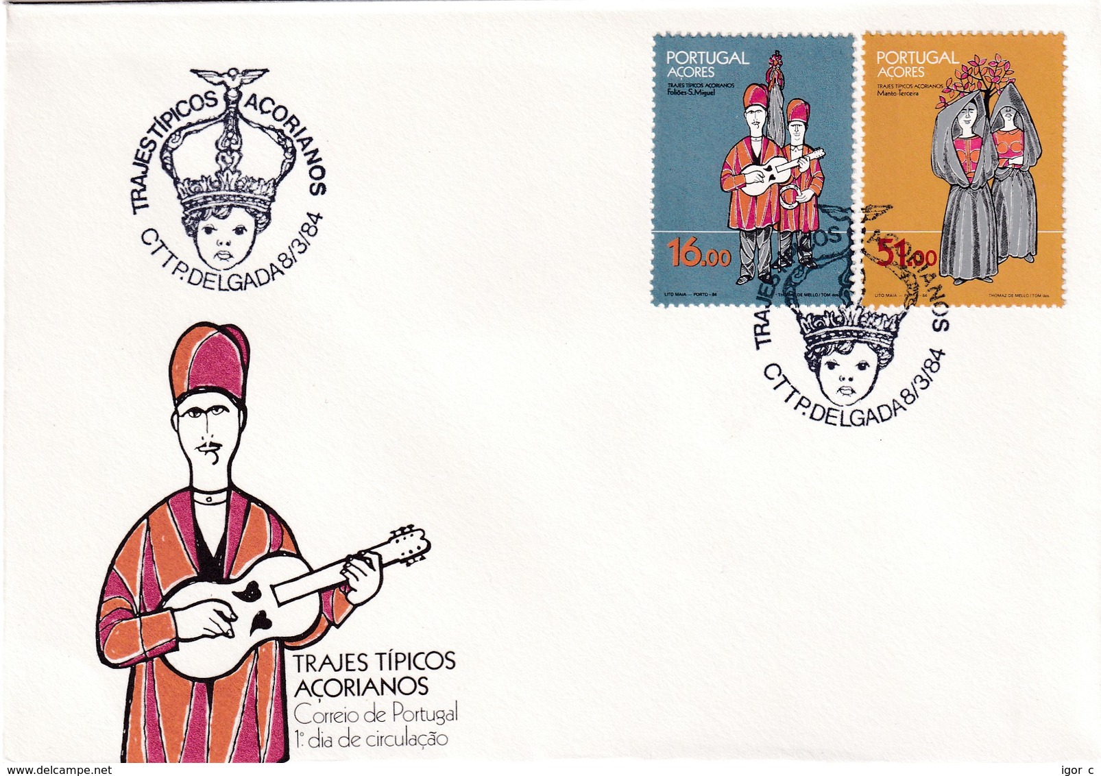 Portugal Azores FDC 1984 Cover: Culture; Traditional Costumes; Trachten; Music Instruments; - Africa Portoghese