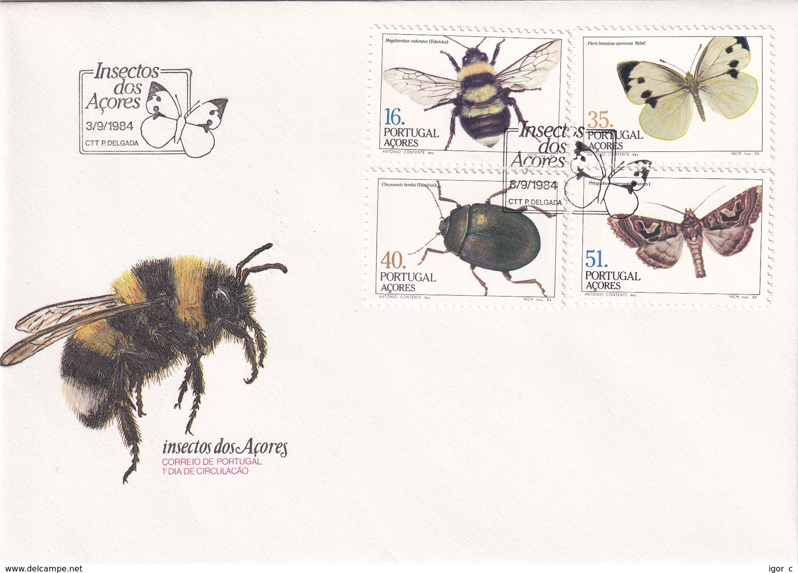 Portugal Azores FDC 1984 Cover: Insects; Insekten; Butterfly Schmetterling Mariposa Papillon; Bumble Bee; Bug - Portugees-Afrika