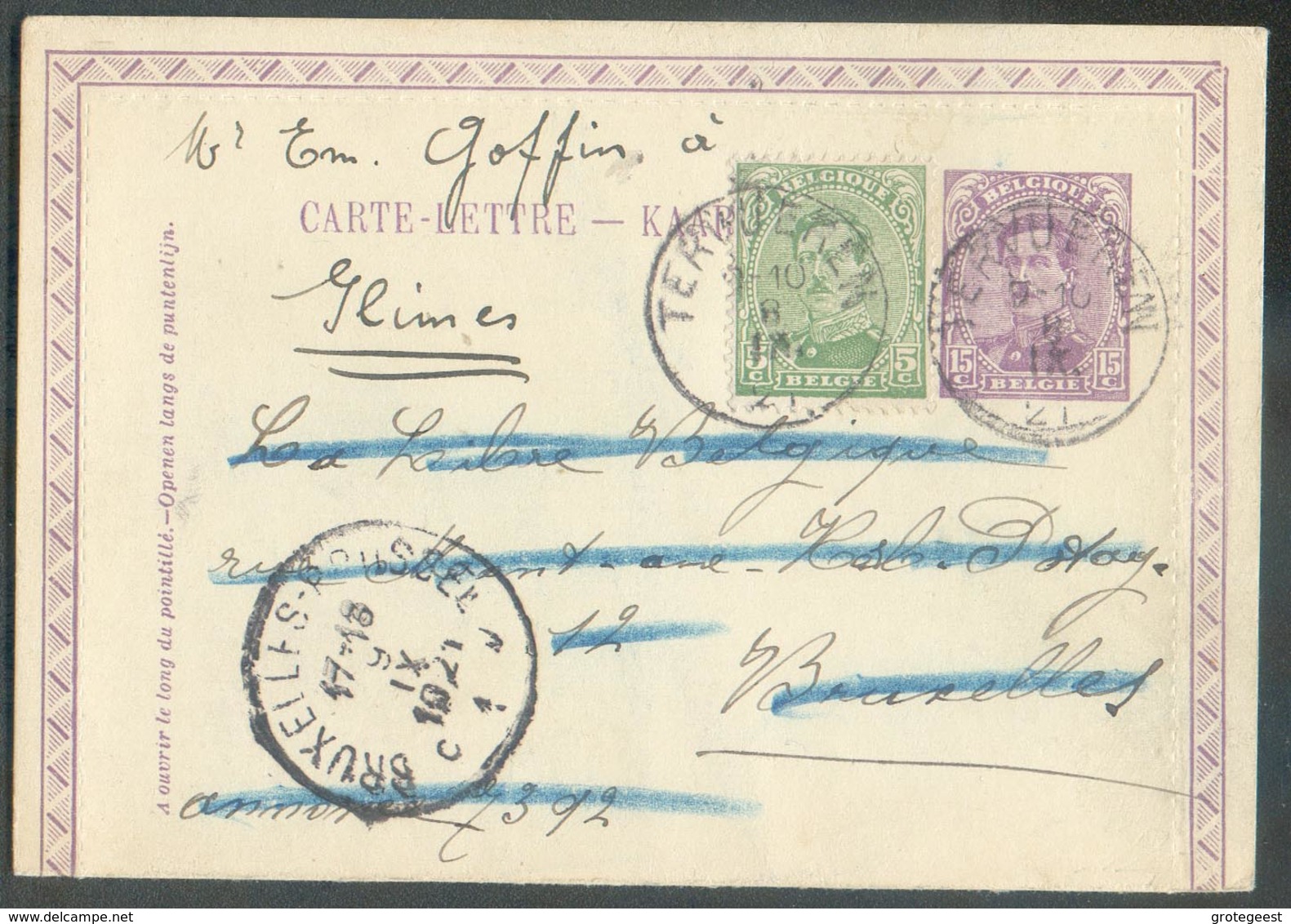 EP Carte-lettre (Em. 1915) 15c. Violet + Tp N°137 Obl; Sc TERVUEREN Du 8-IX-1921 Vers Bruxelles (biffé) Et Renvoi à Glim - Postbladen
