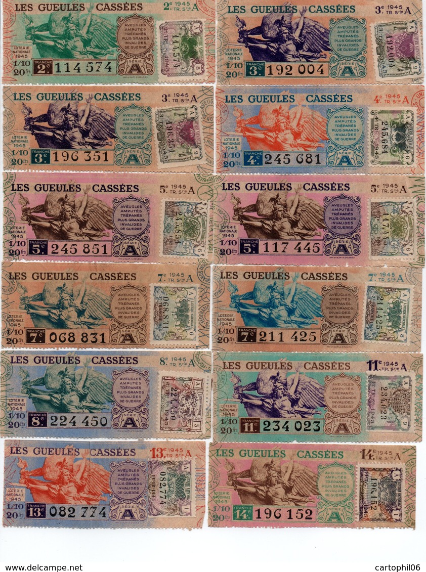 - 12 SOUCHES DE BILLETS DE LOTERIE NATIONALE 1945 - GUEULES CASSÉES - - Billets De Loterie