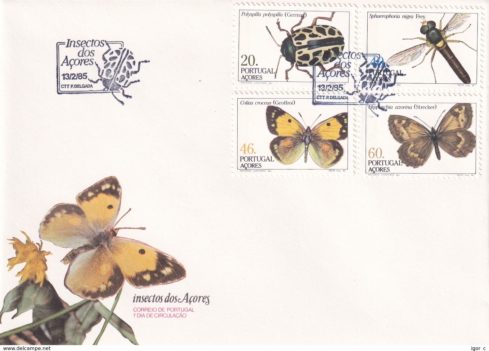 Portugal Azores FDC 1985 Cover: Fauna Insects; Insekten; Butterfly Schmetterling Mariposa Papillon; Bug - Africa Portuguesa