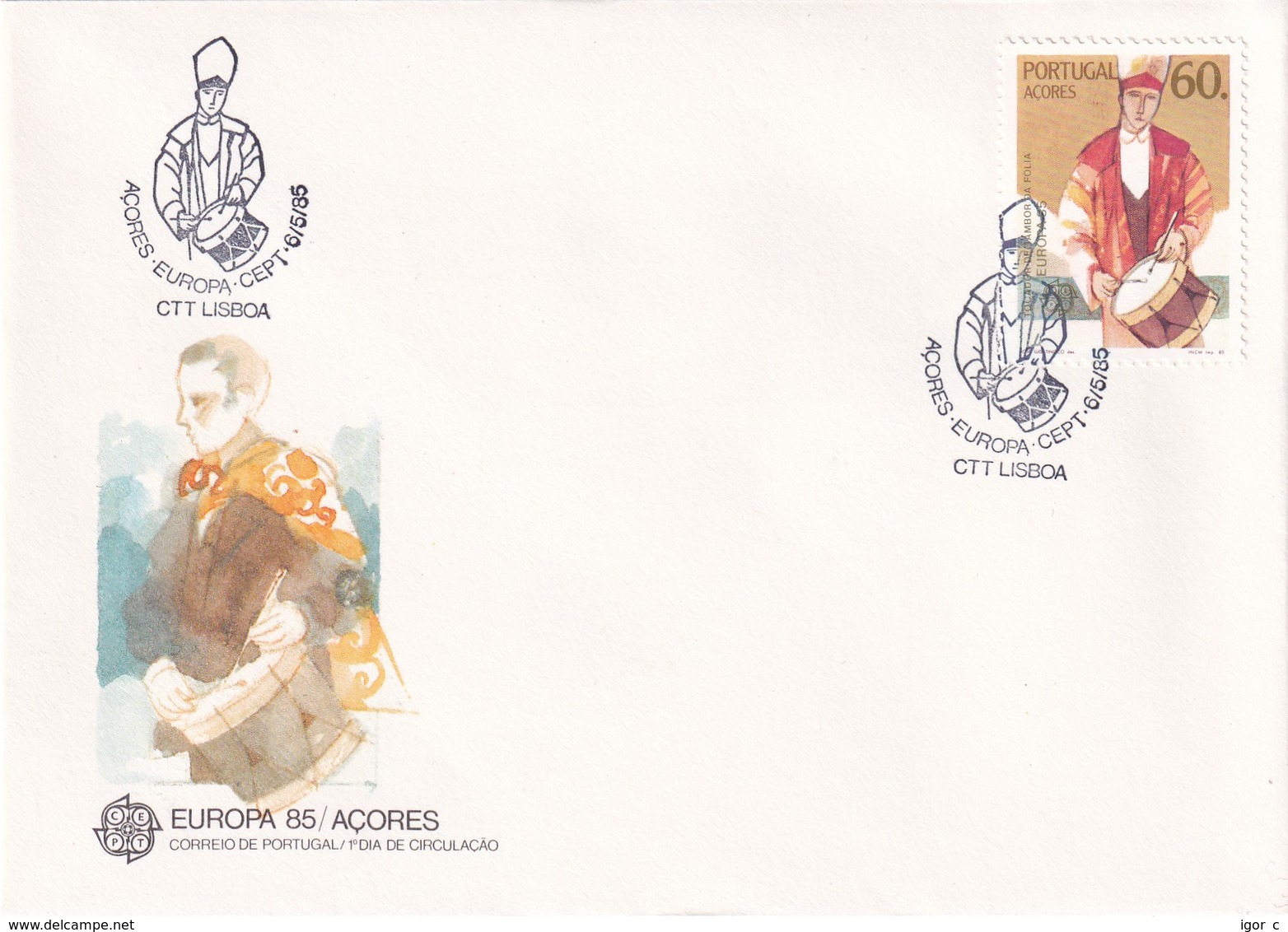 Portugal Azores FDC 1985 Cover: Europa CEPT; Treditional Costumes; Trachten; National Costumes; Music Drum - Africa Portoghese