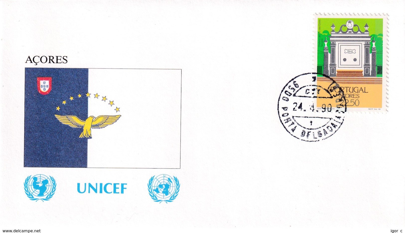 Portugal Azores FDC 1990 Cover: Unicef; Flag Of Azores; Fauna Hawk Aquilla; Goshawk (Accipiter Gentilis) - Africa Portoghese