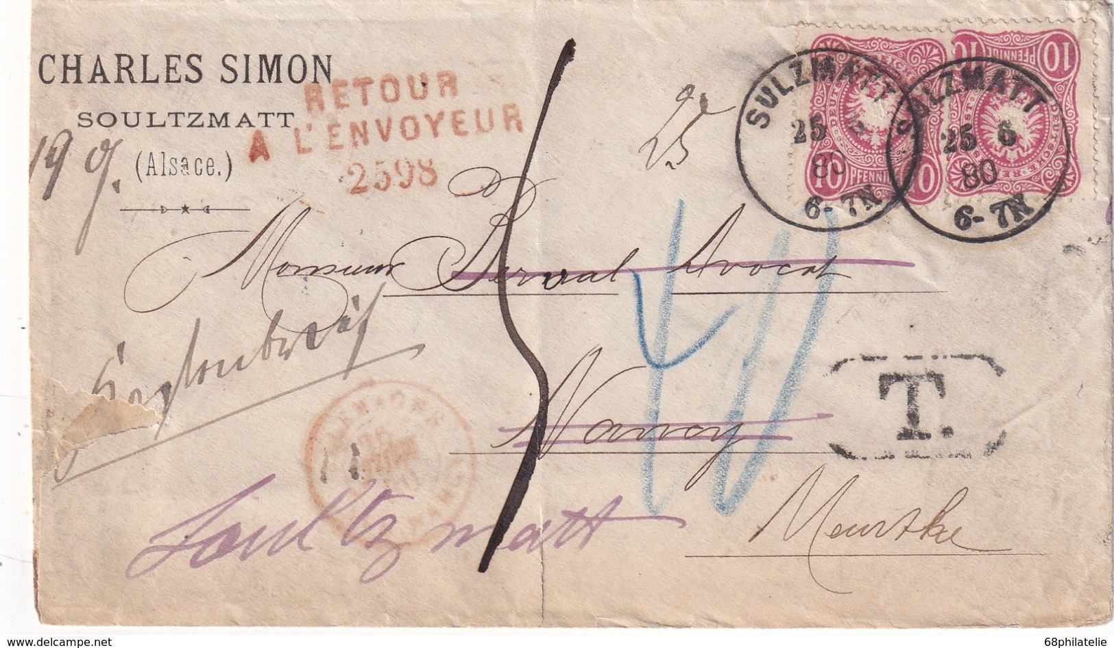 ALSACE-LORRAINE 1880 LETTRE TAXEE  DE SULZMATT AVEC RETOUR A L'ENVOYEUR - Lettres & Documents