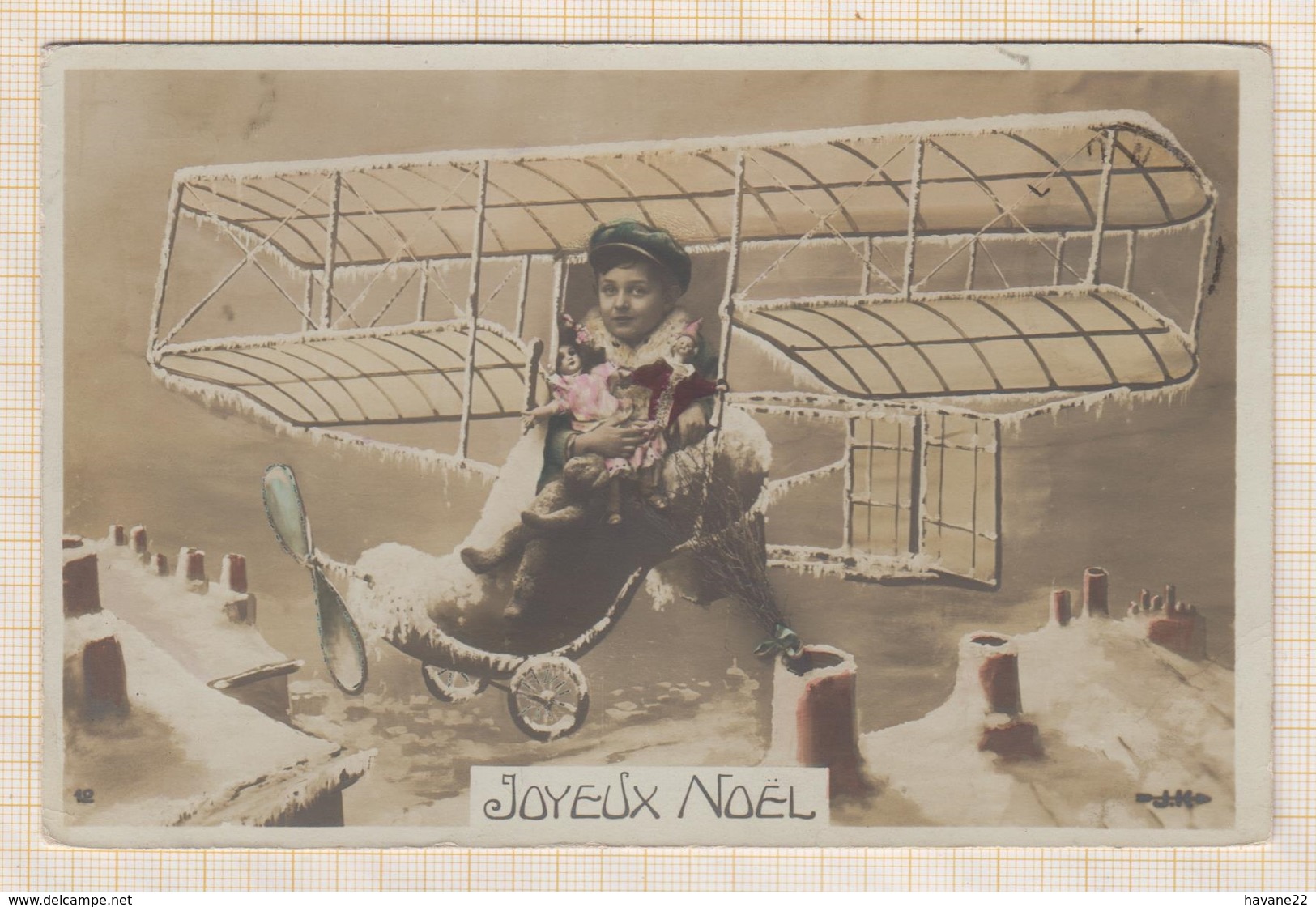 9AL1205 CARTE POSTALE JOYEUX NOEL POUPEES JOUETS AVION 2 SCANS - Other & Unclassified