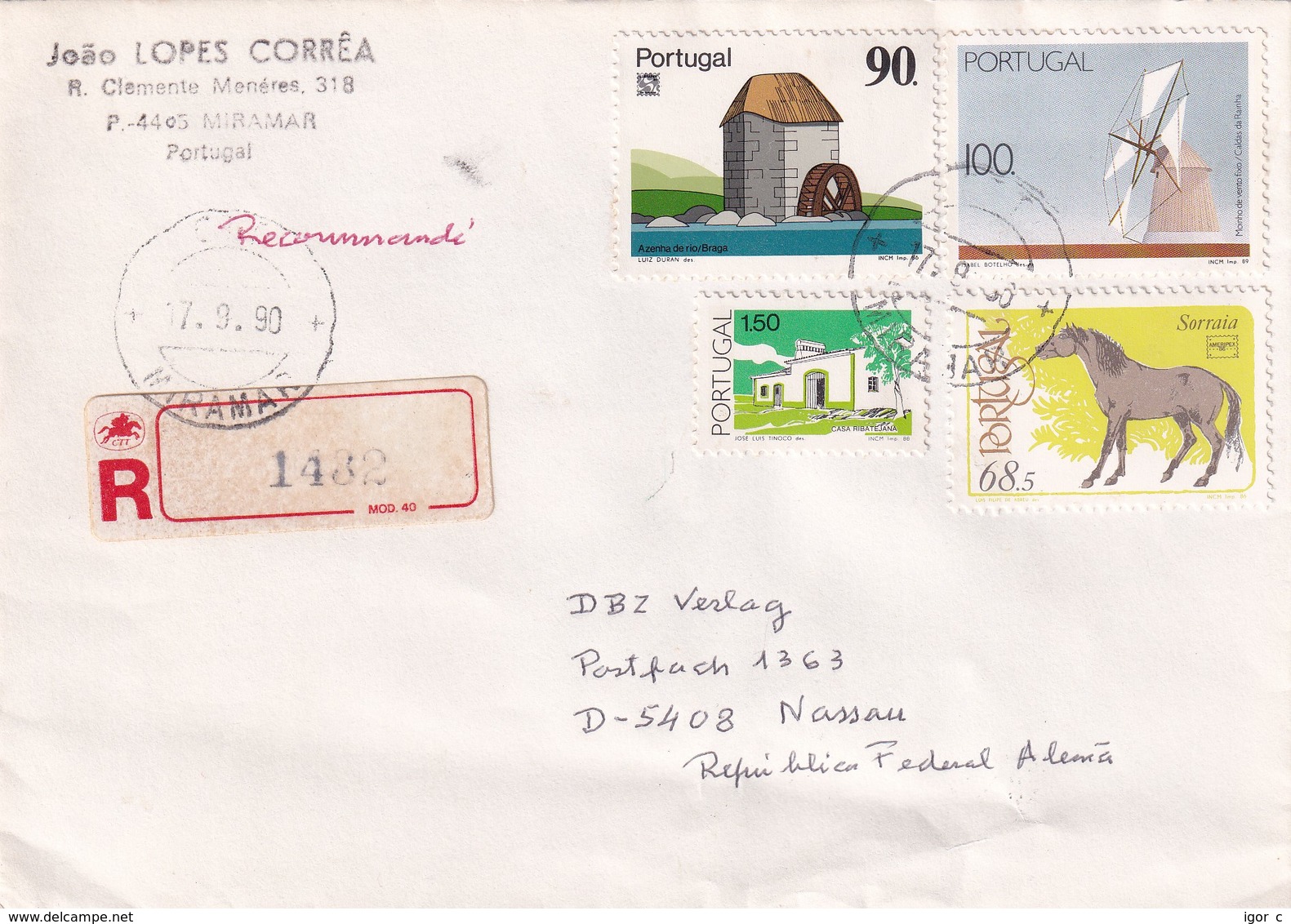 Portugal 1990 Registered Cover: Water Mill; Wind Mill; Architecture; Fauna Horse Pferd - Other & Unclassified