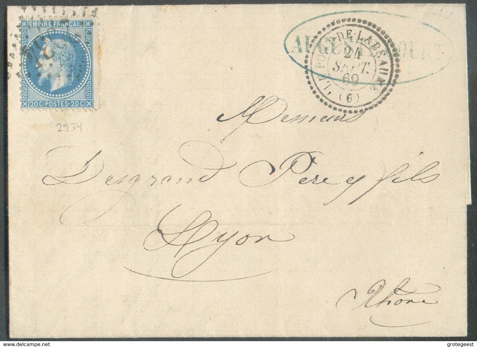 Lettre Affr. 20c. NAPOLEON Obl. GC 2934 De LE PONT DE LARMAURE Le 24 Sept. 1869 Vers Lyon - 14979 - 1863-1870 Napoléon III Lauré