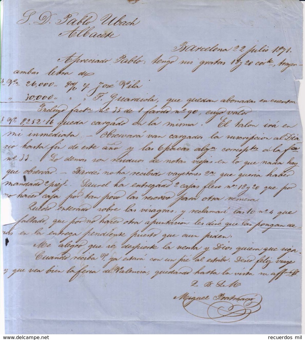 Año 1870 Edifil 107 Carta Matasellos Barcelona Dirigida A Albacete - Covers & Documents