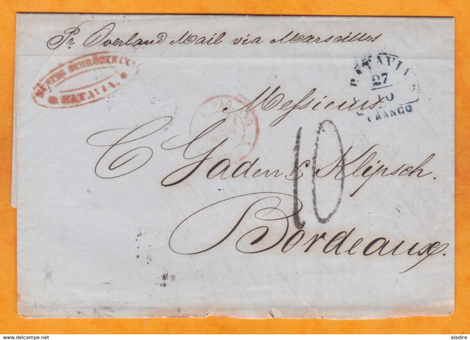 1850 - Folded Letter With Text From  Batavia, Ned Indies, Dutch Colony To Bordeaux, France Via Alexandria & Marseille - Nederlands-Indië