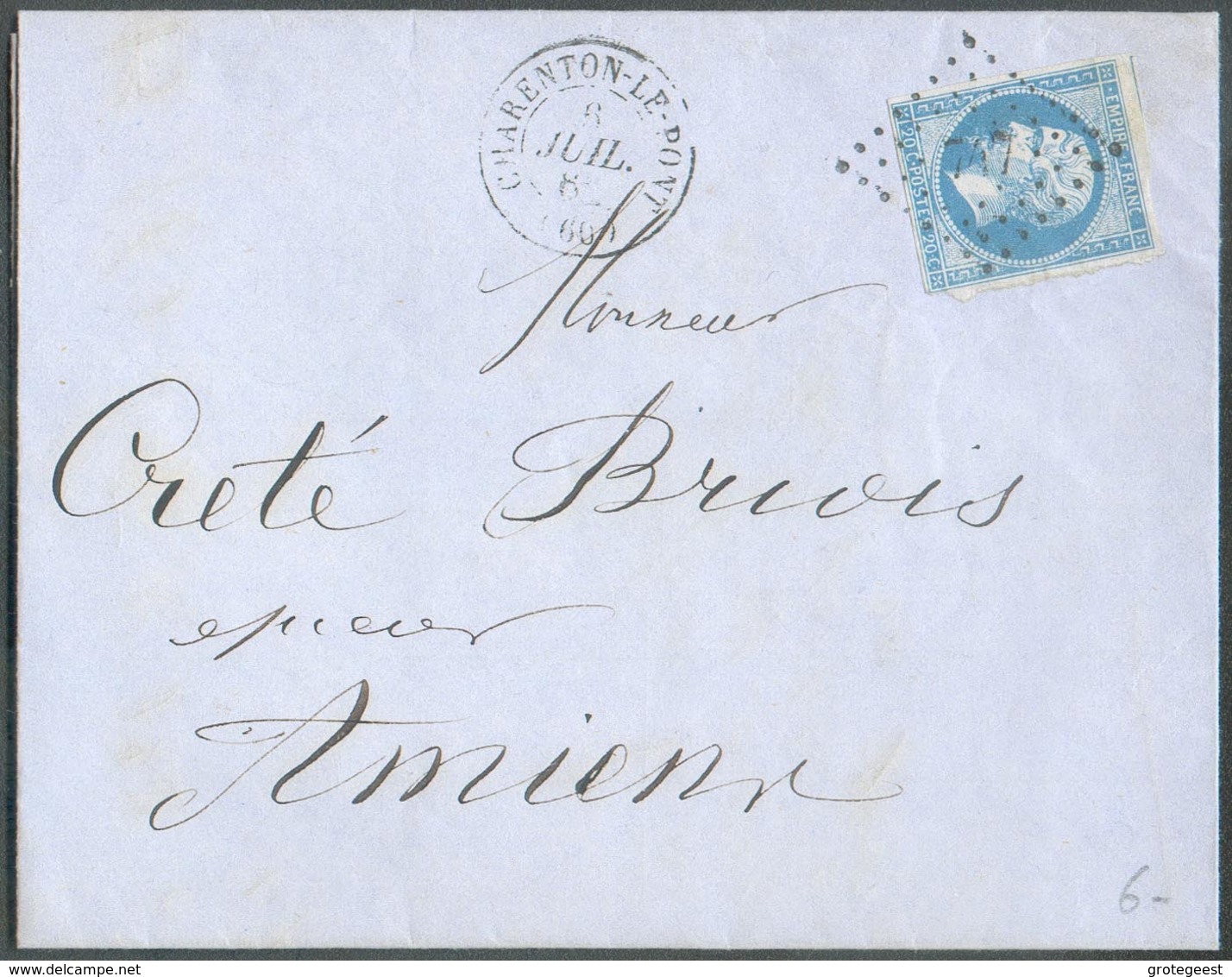 Lettre Affr. 20c. NAPOLEON (TB Margé)  Obl. PC 747 De CHARENTON LE PONT Le 6 Juillet 1862 Vers Amiens - 14983 - 1853-1860 Napoleon III