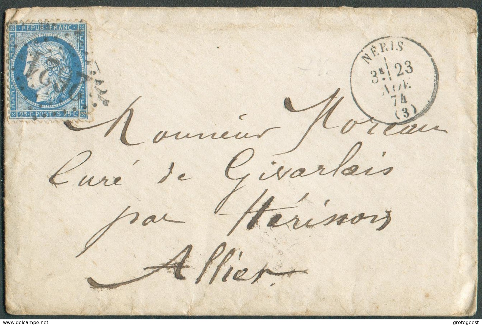 Lettre Affr. 25c. CERES Obl. GC 2621 De NERIS Le 23 Nov. 1874 Vers Givarlais Via Hérisson - 14985 - 1871-1875 Cérès