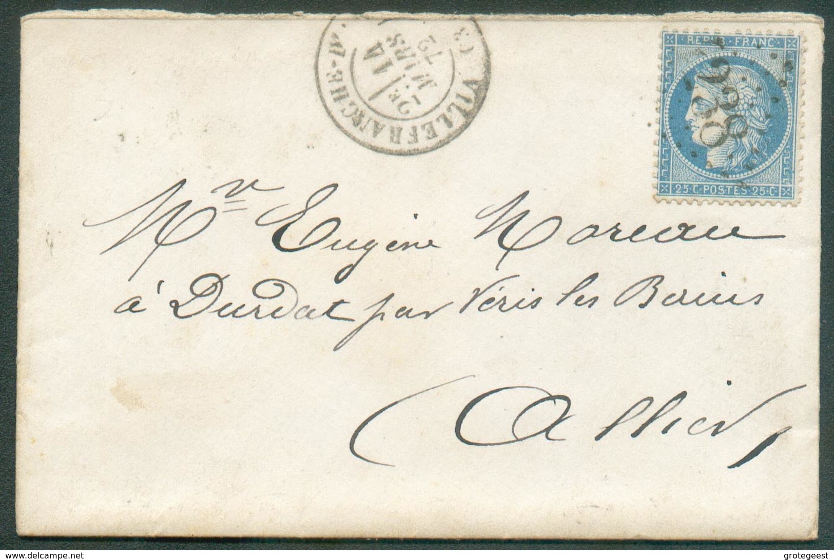 Lettre Affr. 25c. CERES Obl. GC 4238 De VILLEFRANCHE DE Le 14 Mars 1872 Vers Moulin En Allier- 14986 - 1871-1875 Ceres