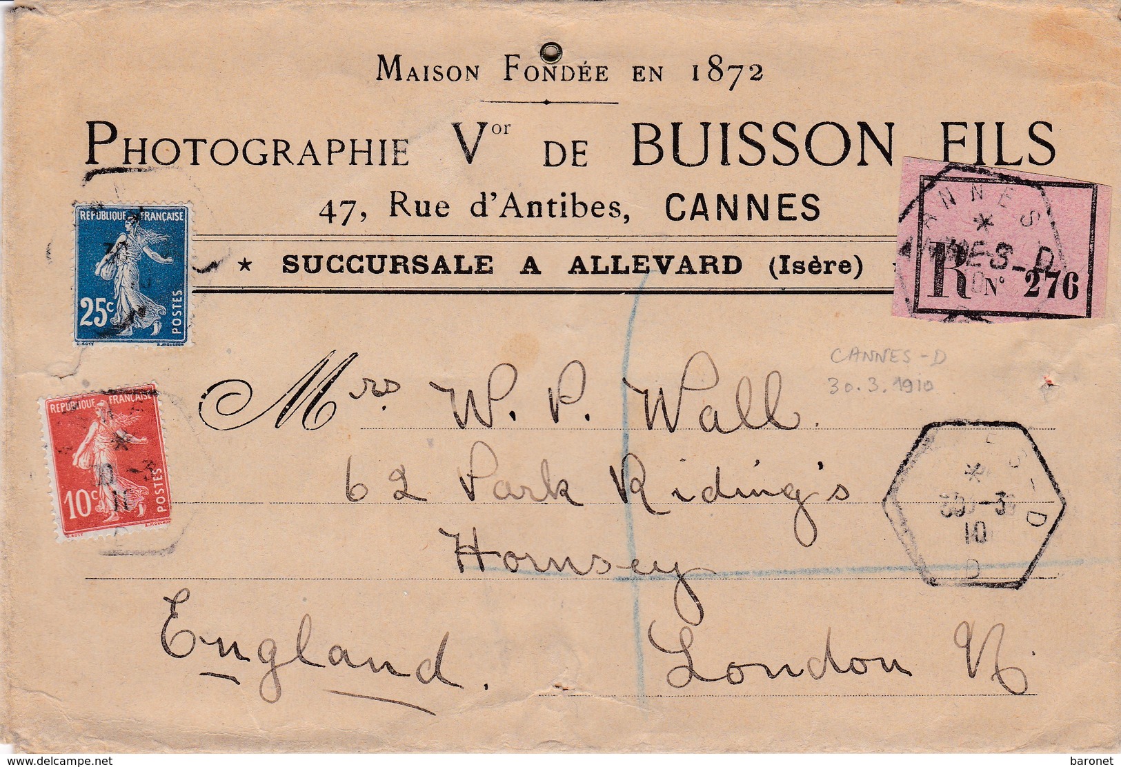 N° 138 N° 140 S / Env Recommandé T.P. Ob Cannes 30 3 10 Pour Londres Angleterre - 1877-1920: Periodo Semi Moderno