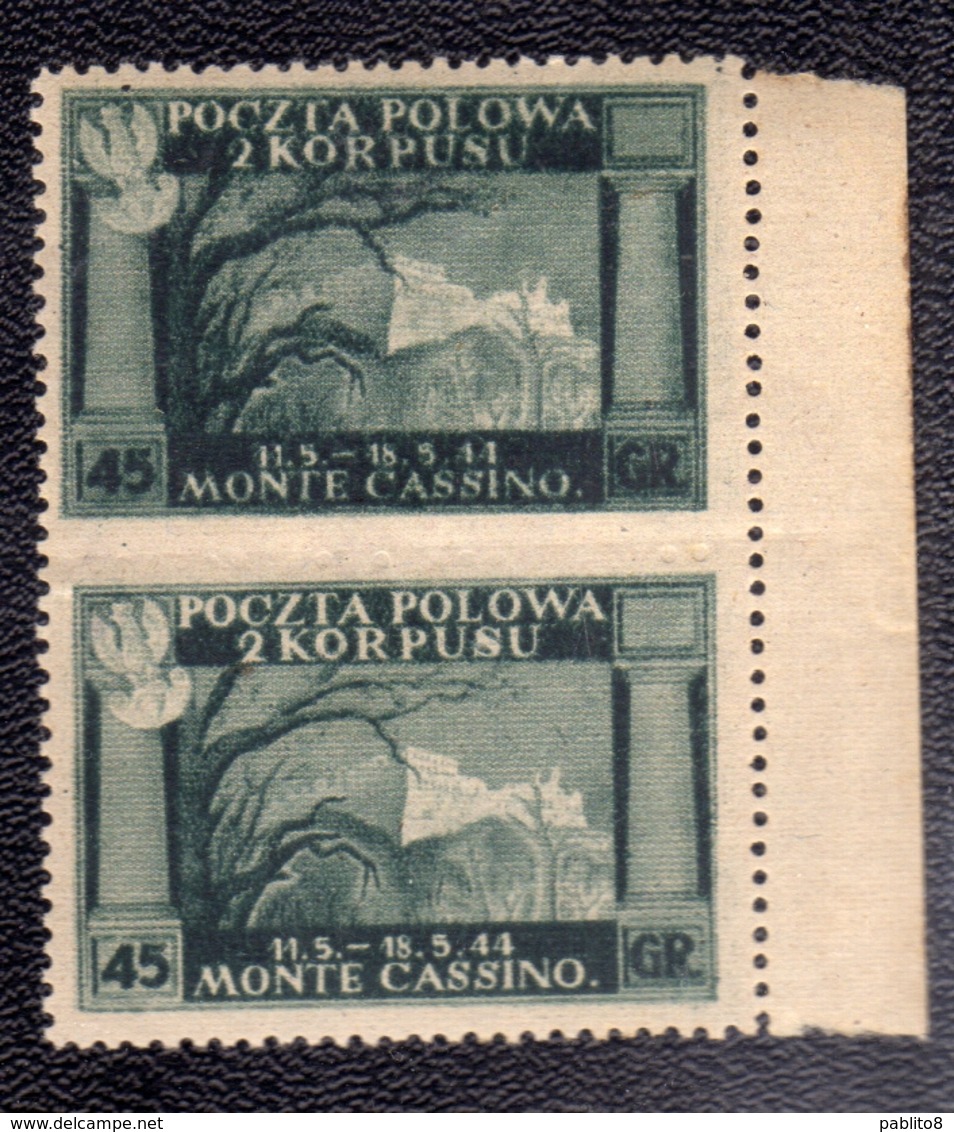 CORPO POLACCO POLISH BODY 1946 VARIETÀ VARIETY VITTORIE POLACCHE 45g COPPIA NON DENTELLATA AL CENTRO IMPERF. PAIR MNH - 1946-47 Période Corpo Polacco