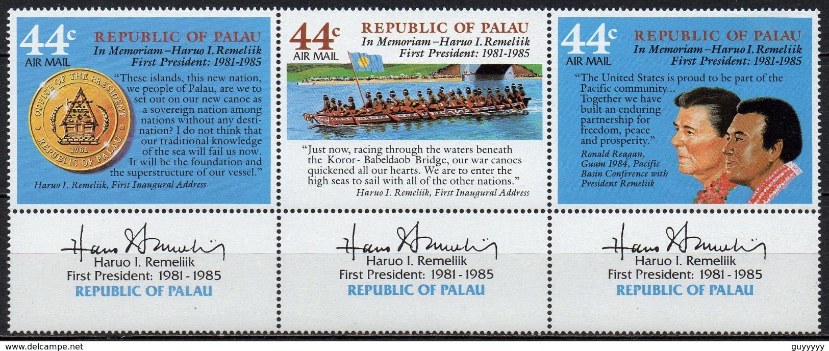 Palau - Poste Aérienne - 1986 - Yvert N° PA 14 à 16 **  - Hommahe à Haruo I. Remeliik - Palau