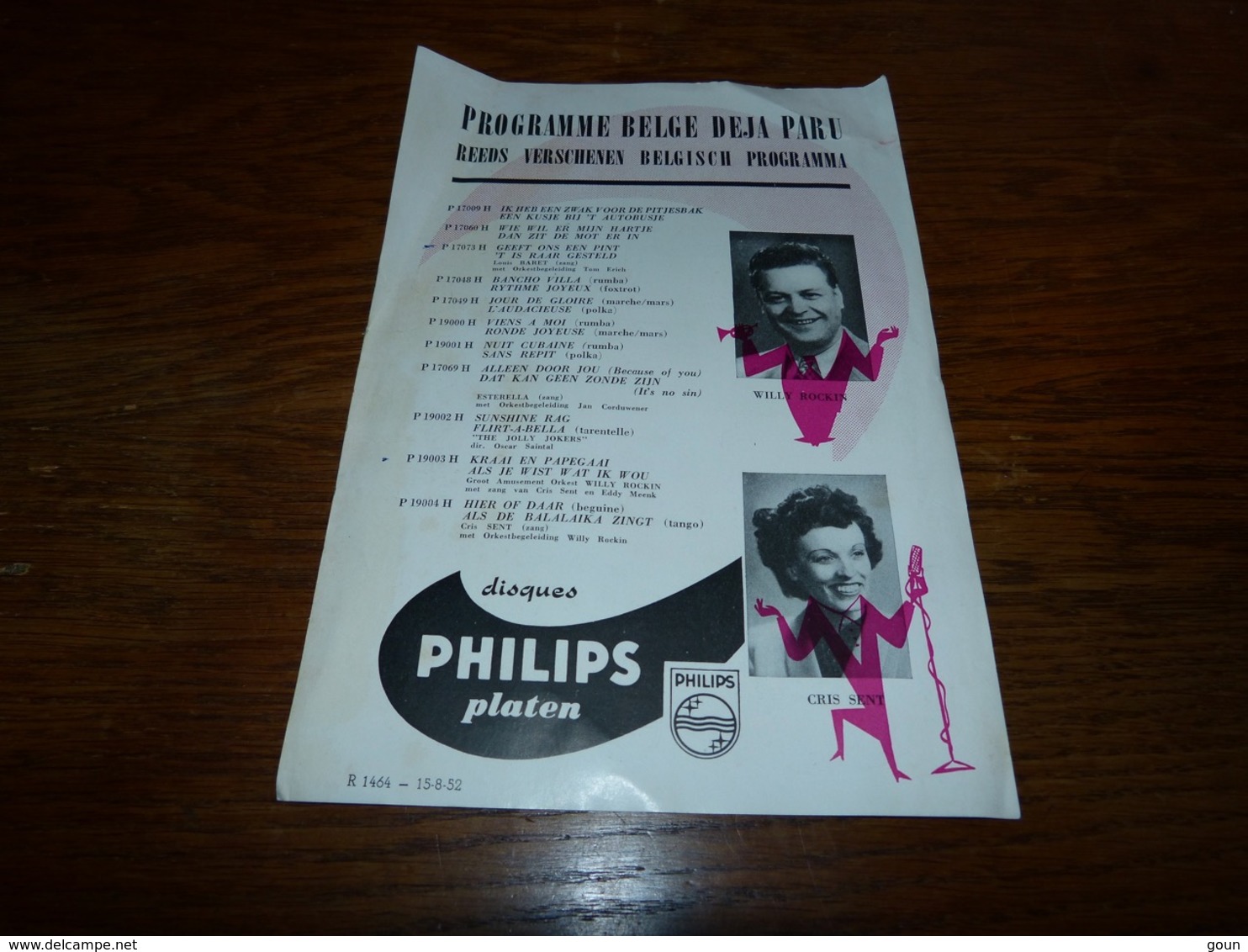 Folder  Disques Philips Programme Belge Willy Rockin Cris Sent Louis Baret Eugène Hansen Oscar Saintal 1952 - Autres & Non Classés