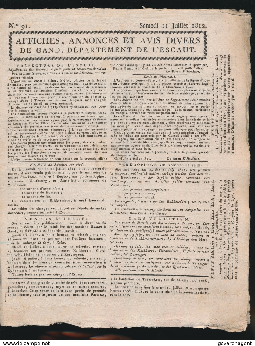 GENTSCHE KRANT 11 JUILLET 1812 MET NEDERLANDSCHE TAKSZEGELS  4 BLADZIJDEN AFGEBEELD 26 X 21 CM HANDGESCHEPT PAPIER - Verzamelaars