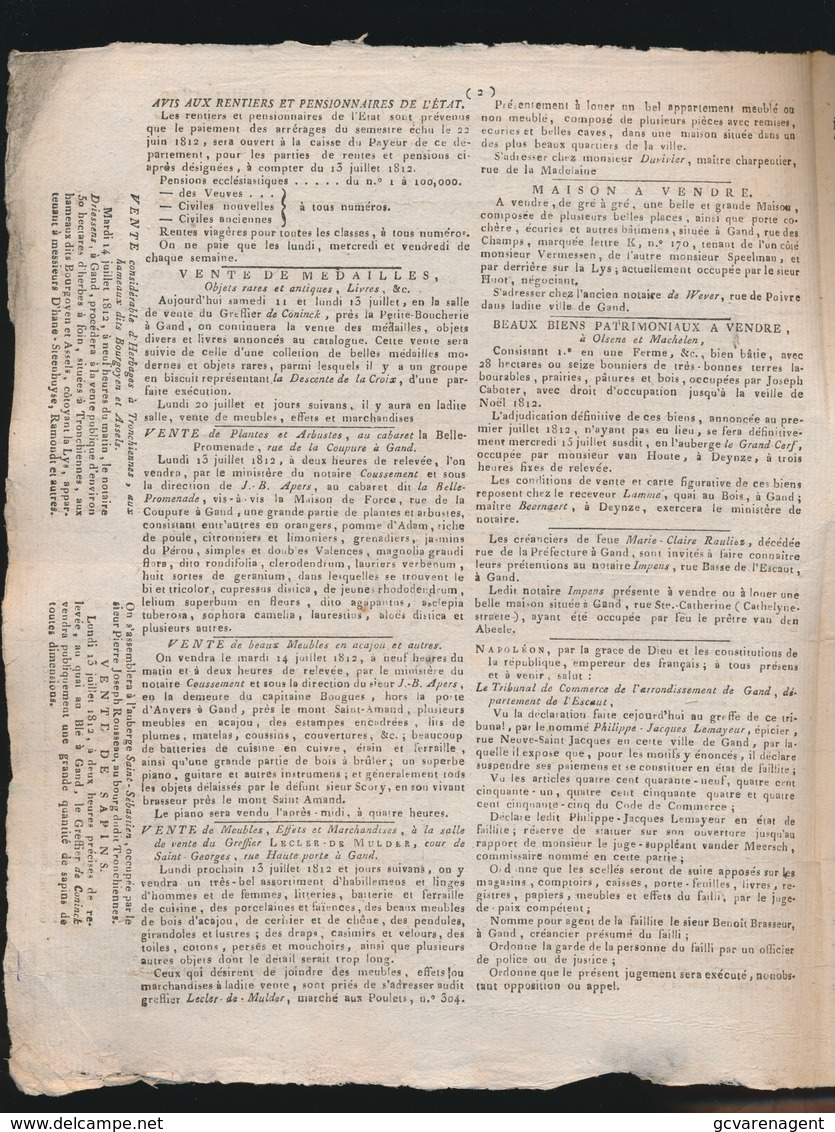 GENTSCHE KRANT 11 JUILLET 1812 MET NEDERLANDSCHE TAKSZEGELS  4 BLADZIJDEN AFGEBEELD 26 X 21 CM HANDGESCHEPT PAPIER - Verzamelaars