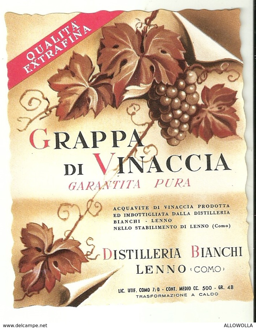 6345 " GRAPPA DI VINACCIA-GARANTITA PURA-DISTILLERIA BIANCHI-LENNO "  ETICHETTA ORIGINALE - Altri & Non Classificati