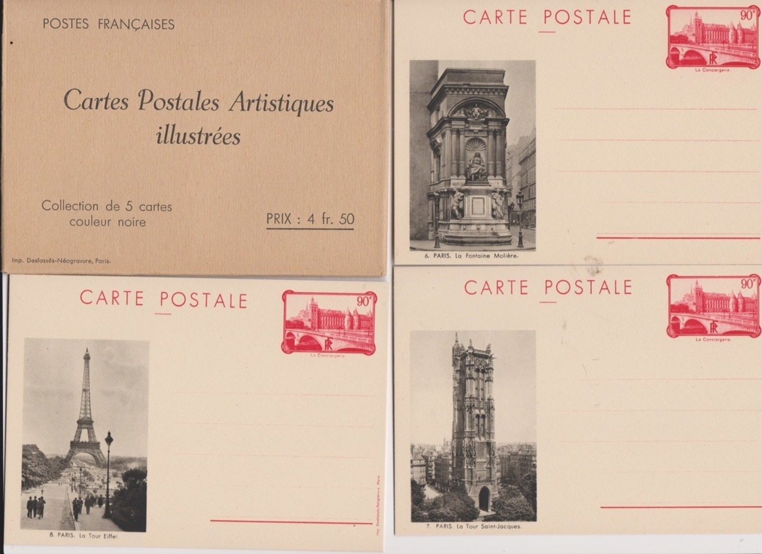 Pochette De 5 Cartes Illustrées PARIS N°s 6 à 10 Couleur Noire ( Avec Entier Postal 90 C Rouge  "la Conciergerie ") - Cartes Postales Types Et TSC (avant 1995)