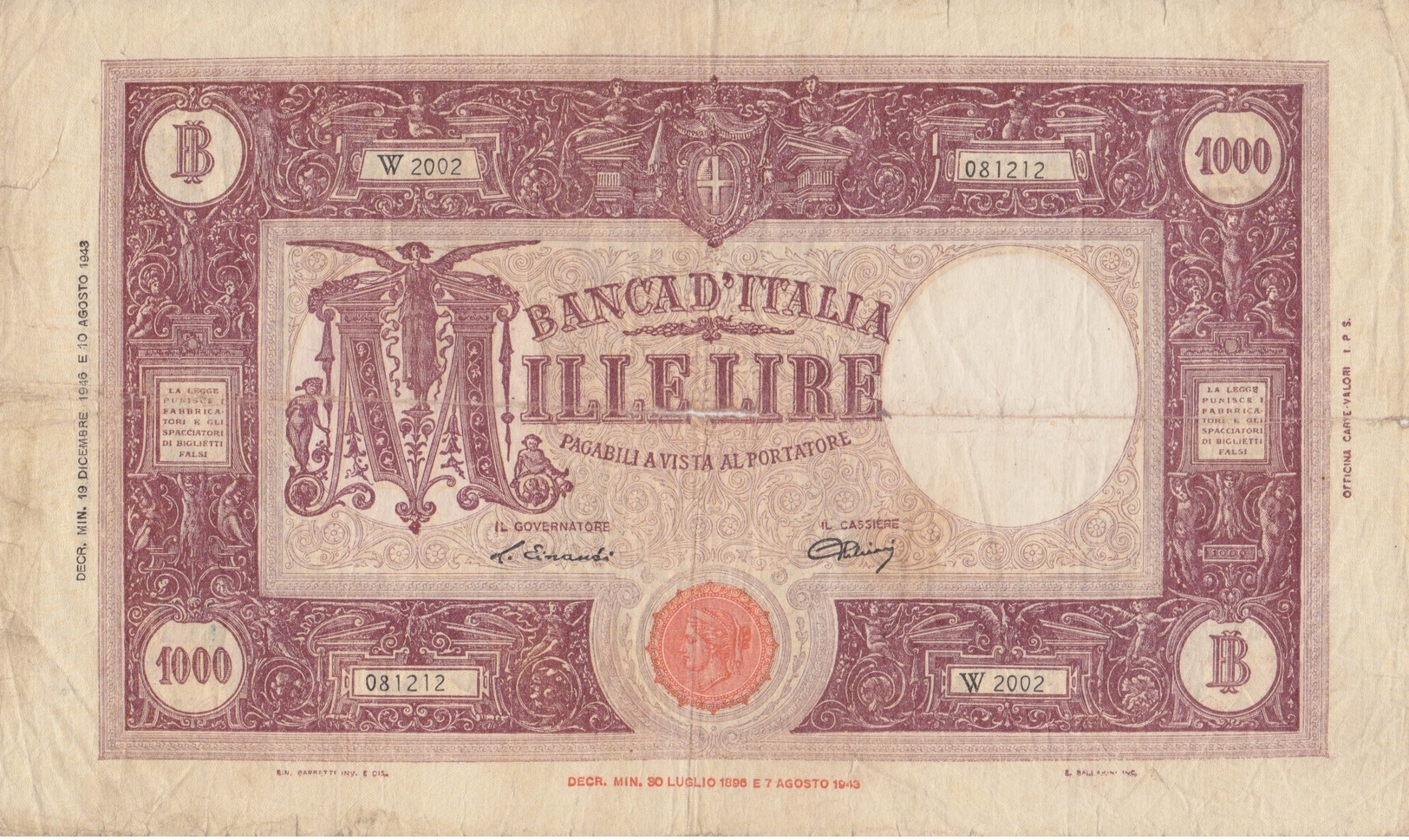 - LOTTO DI 2 BANCONOTE DA LIRE 1000 - ANNI 1944 E 1946 - - 1000 Lire