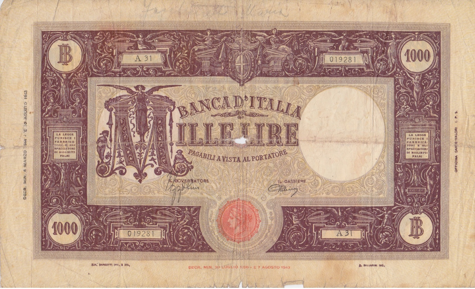 - LOTTO DI 2 BANCONOTE DA LIRE 1000 - ANNI 1944 E 1946 - - 1000 Lire