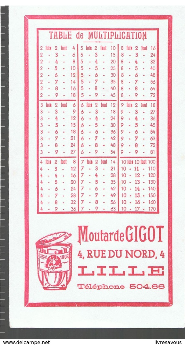 Buvard Moutarde GIGOT 4, RUE DU NORD LILLE Table De Multiplication - Senape