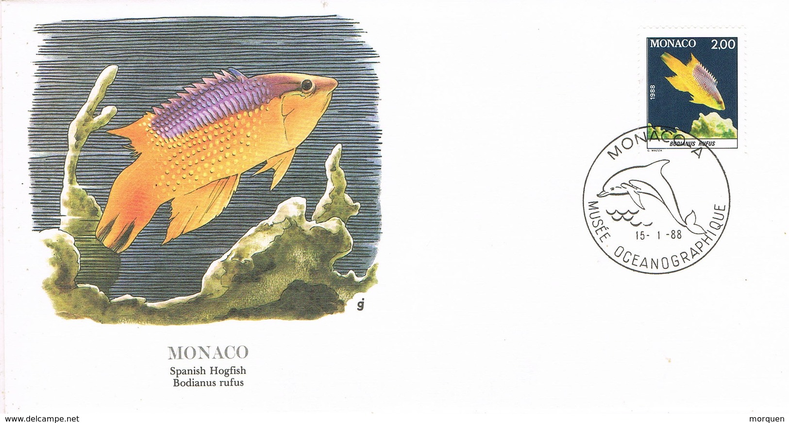 35202. Carta MONACO 1988. Fish, Peces Musée Oceanographique. Spanish Hogfish. Delfin - Pesci