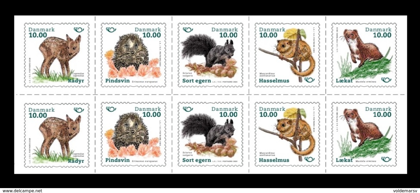 Denmark 2020 Mih. 1997/2001 Fauna. Mammals. Roe Deer. Hedgehog. Black Squirrel. Dormouse. Stoat (M/S) MNH ** - Neufs