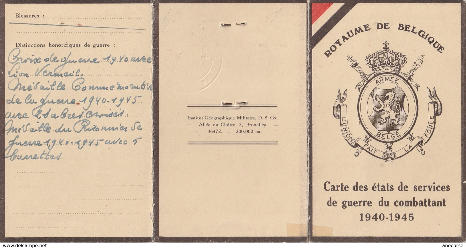 Carte états De Service Combattant 1940 1945 Belgique - 1939-45