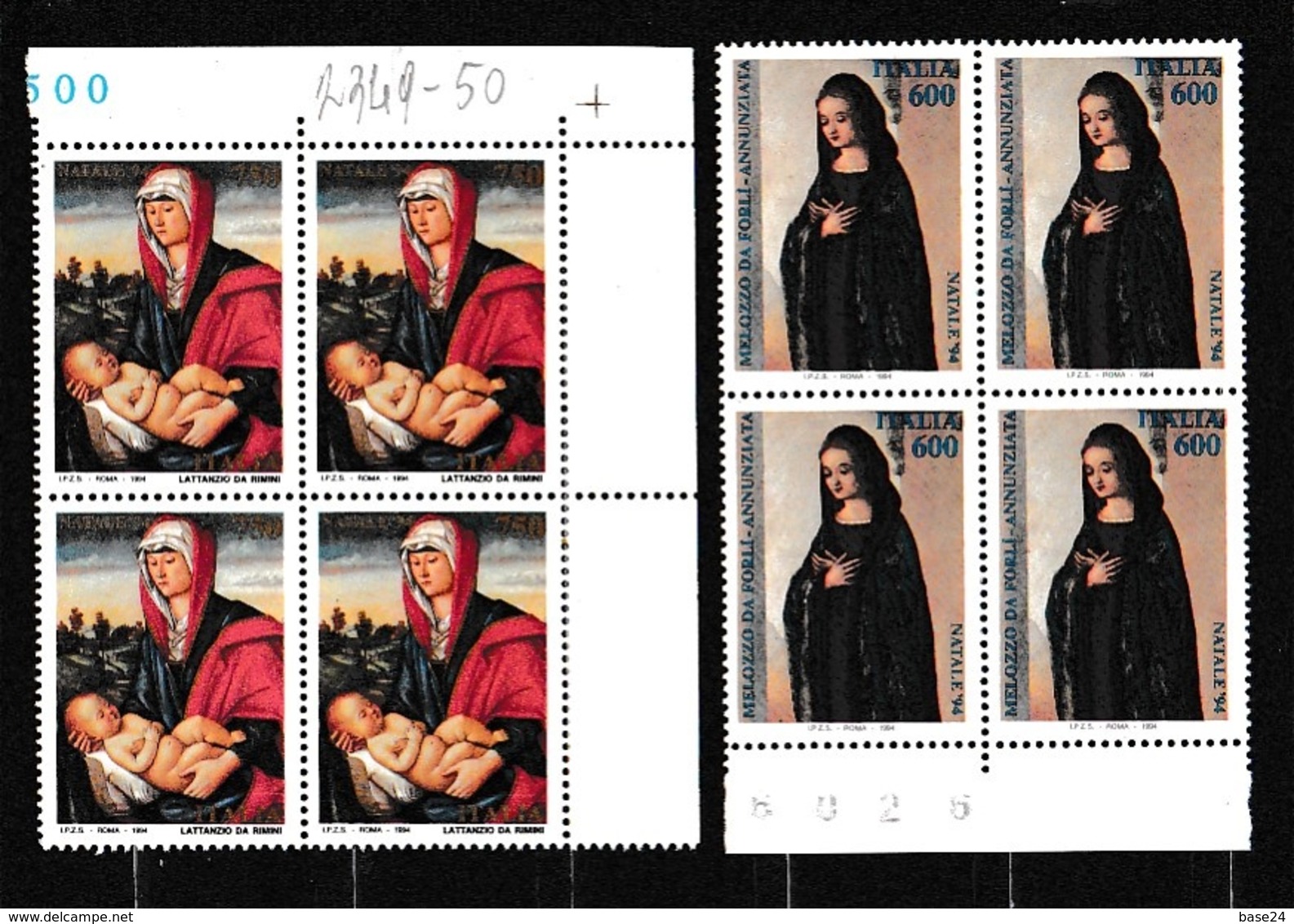 1994 Italia Italy Repubblica NATALE CHRISTMAS 4 Serie Di 2v. MNH** Quartina Bl.4 - Alimentazione