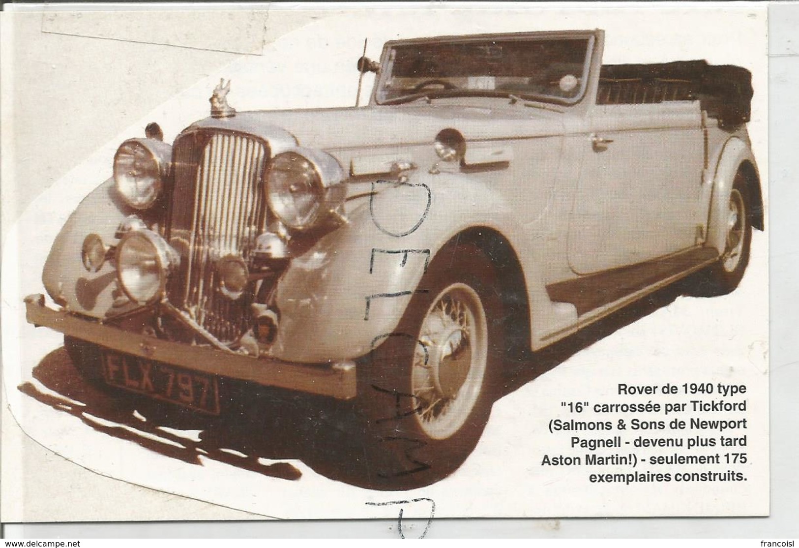 Rover 1940 Type 16. Collage Artisanal Sur Carton Gris Et Blanc - Voitures