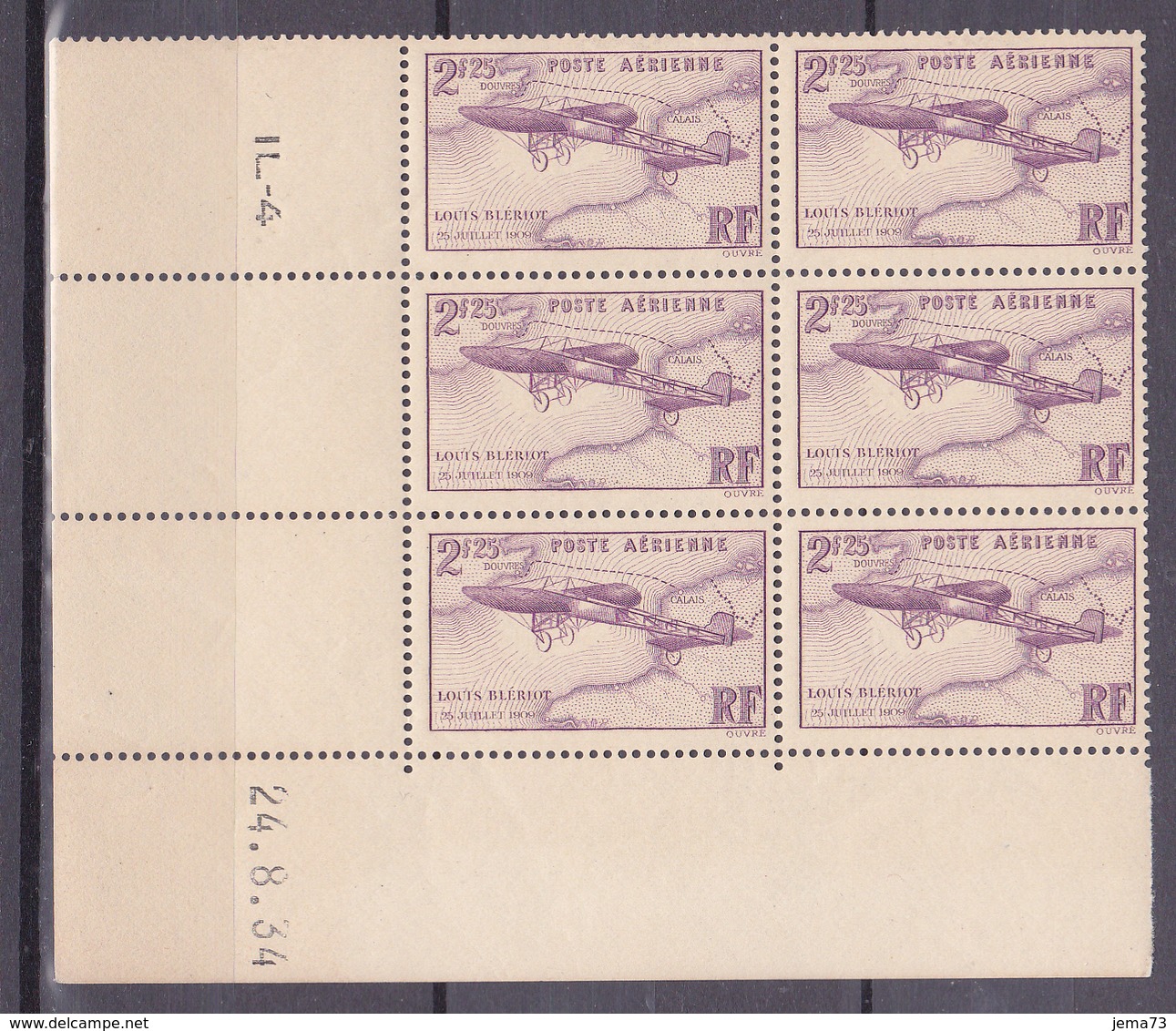 N° 7 Poste Aérienne 25ème Anniversaire De La Traversée De La Manche Blériot: Superbe Bloc 6 Timbres Coins Datés 24.8.34 - Airmail