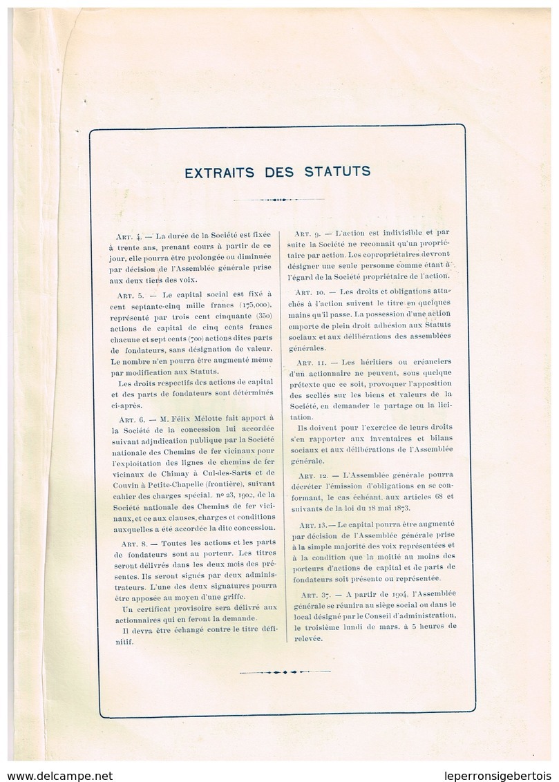 Titre Ancien -Société Anonyme Liégeoise Des Chemins De Fer Vicinaux De Chimay-Couvin Et Extensions - Titre De 1902 N°423 - Chemin De Fer & Tramway