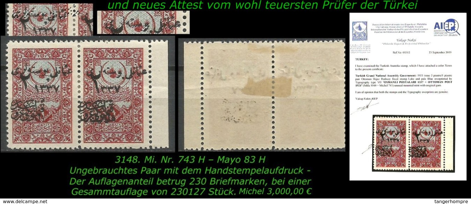 TURKEY ,EARLY OTTOMAN SPECIALIZED FOR SPECIALIST, SEE...Mi. Nr. 743 H - Mayo 83 H -RRR- - 1920-21 Kleinasien