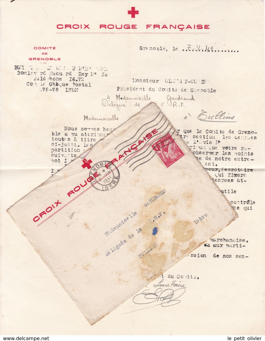 FRANCE TIMBRE IRIS 1 FRANC SUR ENVELOPPE CROIX ROUGE FRANÇAISE WW2 1941 TAMPON A DATE GRENOBLE - 1921-1960: Période Moderne