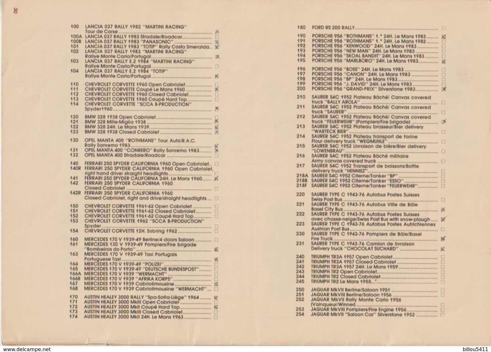 Catalogue Vitesse 1986 véhicules miniatures ; Voitures : Lancia ; Porche ; Cadillac ; Jaguar ; Camions : Saurer