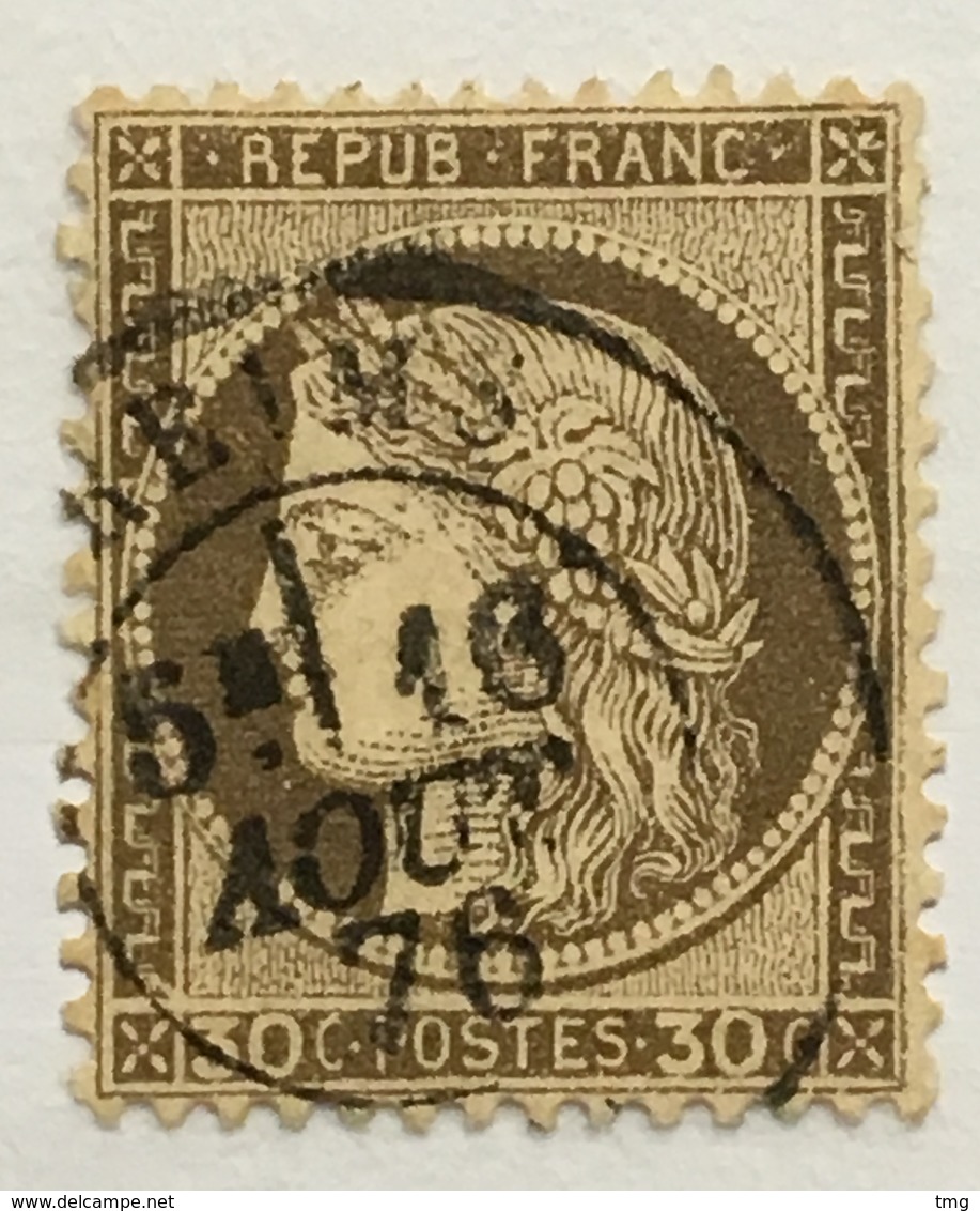 Timbre France YT 56 III République 1871-75 (°) 30c Brun Cérès Grands Chiffres CàD Reims (côte 8 Euros) – 404N - 1871-1875 Cérès